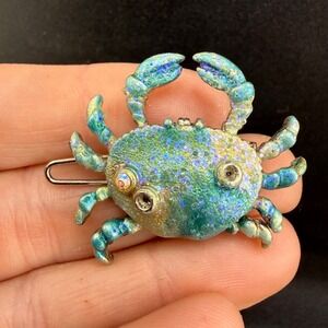 Vintage Yosca Crab Hair Clip Blue Enamel Rhinestone Animal Silver Tone